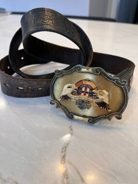 Harley-Davidson Black Leather Belt with Gold Eagle Buckle